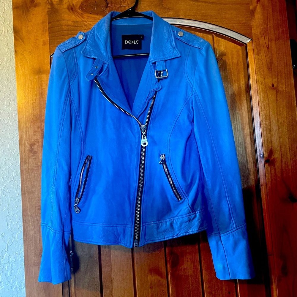 Blue leather moto zip jacket